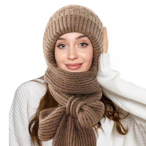 PATRICHOR Mütze mit Schal, Kapuzenschal Damen, Integrierter Schalmütze Ohrenschutz Winddichte, Mützenschal Winter für Frauen, 2 in 1 Wintermütze und Schal Damen von PATRICHOR