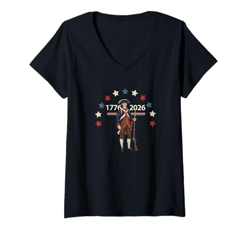 Damen 250. Jahrestag der USA, Revolutionärer Soldat, 1776, 2026 T-Shirt mit V-Ausschnitt Damen 250. Jahrestag der USA, Revolutionärer Soldat, 1776, 2026 T-Shirt mit V-Ausschnitt von PATRIOTIC CORNER