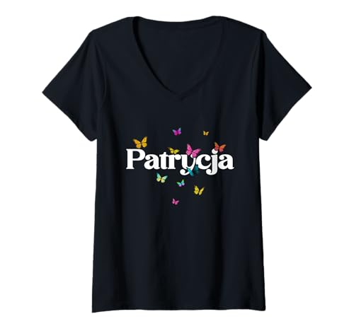 Damen PATRYCJA - Schöner Mädchen Name mit bunten Schmetterlingen T-Shirt mit V-Ausschnitt von PATRYCJA Tochter Enkel Geburtstag Geschenkideen