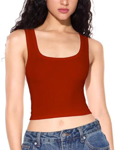 Damen Basic Ärmelloses Crop Top Shirt Gerippt U-Ausschnitt Casual Sommer Kleidung, Rot/Ausflug, einfarbig (Getaway Solids), X-Klein von PATTERN HOUR