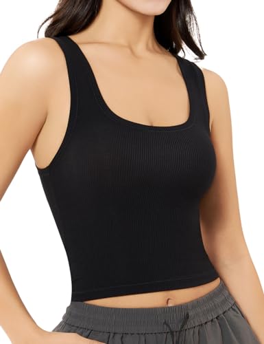 Damen Basic Ärmelloses Crop Top Shirt Gerippt U-Ausschnitt Casual Sommer Kleidung, Schwarz, X-Klein von PATTERN HOUR