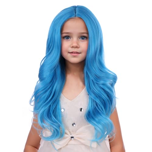 PATTNIUM Blaue Perücke für Kinder, lange lockige, gewellte blaue Perücke, Mittelscheitel, hitzebeständig, Kunsthaarperücke mit Perückenkappe PATTNIUM Blaue Perücke für Kinder, lange lockige, gewellte blaue Perücke, Mittelscheitel, hitzebeständig, Kunsthaarperücke mit Perückenkappe von PATTNIUM