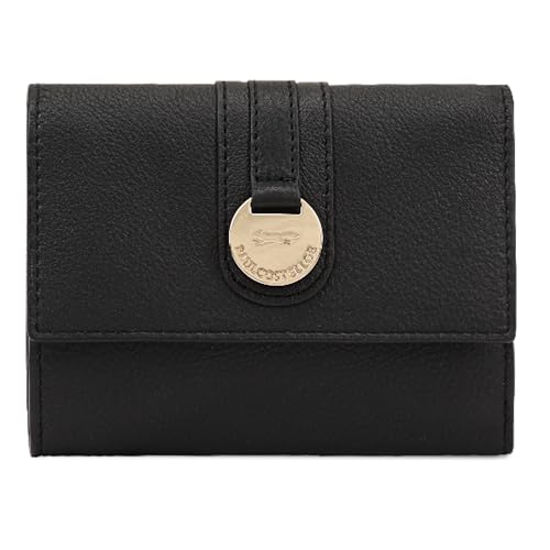 PAUL COSTELLOE LAWA Damen-Geldbörse aus echtem Leder mit Klappe und goldfarbenem Logo, geprägte Hardware, RFID-blockierend, Bifold Wallet mit Reißverschluss, stilvolle Designer-Geldbörse, jet black von Paul Costelloe