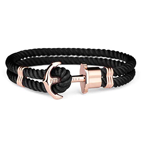 PAUL HEWITT Anker Armband PHREP - Segeltau Armband in Schwarz, Damen Armband mit Anker Schmuck aus IP-Edelstahl (Roségold) in Größe XS von PAUL HEWITT