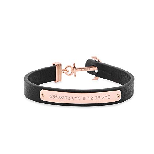 PAUL HEWITT Anker Armband Signum Koordinaten - Armband Leder Damen (Schwarz) mit Anker Schmuck aus IP-Edelstahl (Rosegold) von PAUL HEWITT