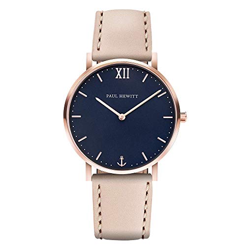 PAUL HEWITT Armbanduhr Damen Sailor Line Blue Lagoon - Damen Uhr (Rosegold), Damenuhr mit Lederarmband in Beige, blaues Ziffernblatt von PAUL HEWITT