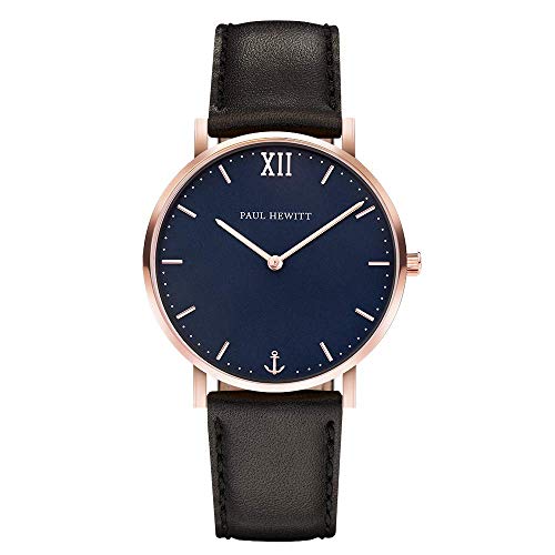 PAUL HEWITT Armbanduhr Damen Sailor Line Blue Lagoon - Damen Uhr (Rosegold), Damenuhr mit Lederarmband in Schwarz, blaues Ziffernblatt von PAUL HEWITT