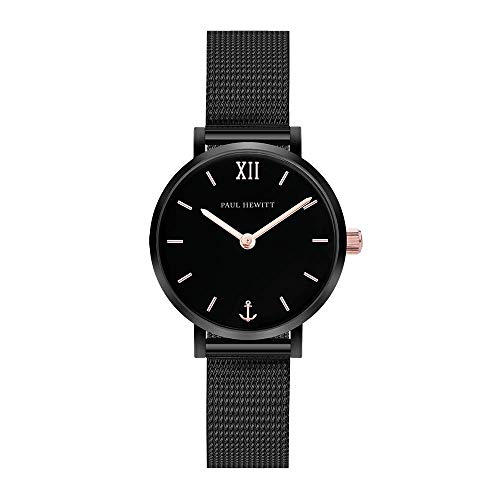 PAUL HEWITT Armbanduhr Damen Sailor Line Modest Black Sunray - Damen Uhr (Schwarz und Rose), Damenuhr Edelstahlarmband (Schwarz), schwarzes Ziffernblatt von PAUL HEWITT