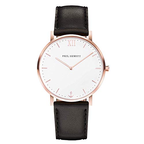 PAUL HEWITT Armbanduhr Damen Sailor Line White Sand - Damen Uhr (Rosegold), Damenuhr mit Lederarmband in Schwarz, weißes Ziffernblatt von PAUL HEWITT