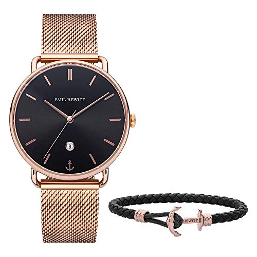 PAUL HEWITT Damen Set Perfect Match Uhr Seadate Black Sea und Ankerarmband PHREP Lite in Schwarz mit Anker in IP Roségold in Größe XS bis L von PAUL HEWITT