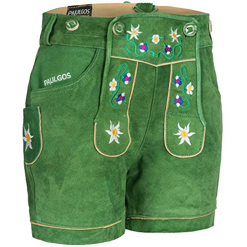 PAULGOS Damen Trachten Lederhose + Träger, Echtes Leder, Kurz in 8 Farben Gr. 34-50 M1, Damen Größe:48, Farbe:Grün von PAULGOS