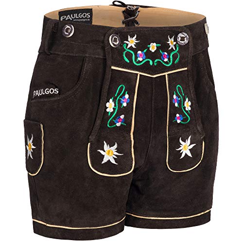 PAULGOS Damen Trachten Lederhose + Träger, Echtes Leder, Kurz in 8 Farben Gr. 34-50 M1, Farbe:Dunkelbraun, Damen Größe:50 von PAULGOS