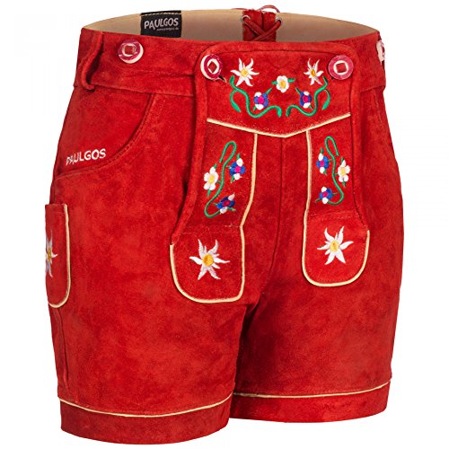 PAULGOS Damen Trachten Lederhose + Träger, Echtes Leder, Kurz in 8 Farben Gr. 34-50 M1, Farbe:Rot, Damen Größe:34 von PAULGOS