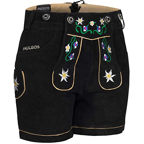 PAULGOS Damen Trachten Lederhose + Träger, Echtes Leder, Kurz in 8 Farben Gr. 34-50 M1, Farbe:Schwarz, Damen Größe:34 von PAULGOS