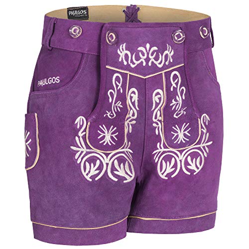 PAULGOS Damen Trachten Lederhose + Träger, Echtes Leder, Kurz in 8 Farben Gr. 34-50 M2, Damen Größe:34, Farbe:Lila von PAULGOS