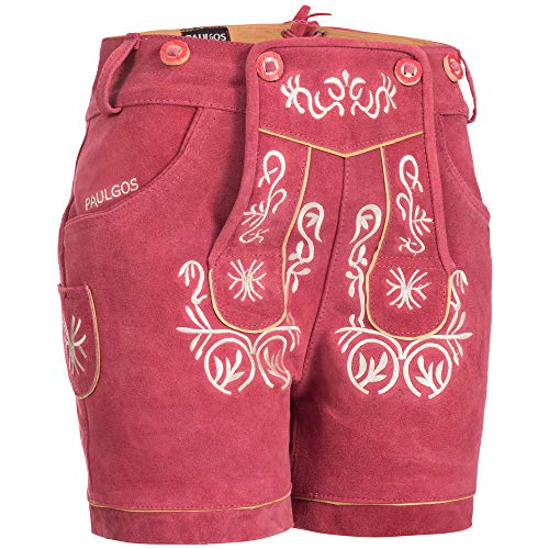 PAULGOS Damen Trachten Lederhose + Träger, Echtes Leder, Kurz in 8 Farben Gr. 34-50 M2, Damen Größe:34, Farbe:Pink von PAULGOS