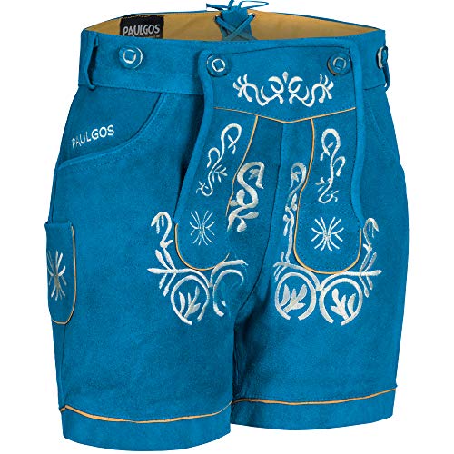 PAULGOS Damen Trachten Lederhose + Träger, Echtes Leder, Kurz in 8 Farben Gr. 34-50 M2 (34, Blau) von PAULGOS