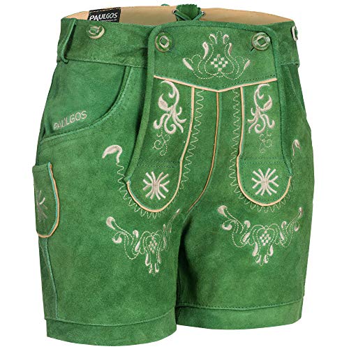 PAULGOS Damen Trachten Lederhose + Träger, Echtes Leder, Kurz in 8 Farben Gr. 34-50 M3, Damen Größe:36, Farbe:Grün von PAULGOS