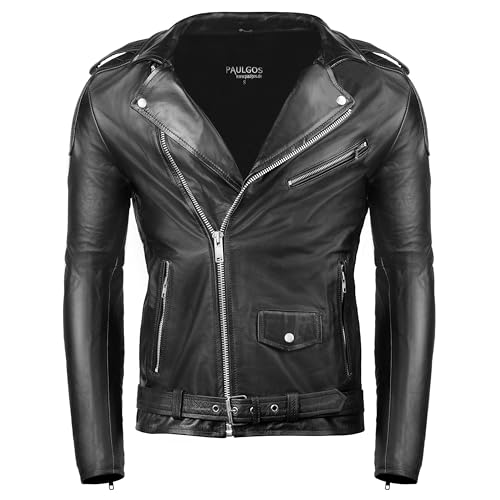 PAULGOS Herren Biker Lederjacke Echtes Leder Jacke Echtleder in 3 Farben Gr. S-7XL (DE/NL/SE/PL, Alphanumerisch, XXL, Regular, Regular, Schwarz) von PAULGOS