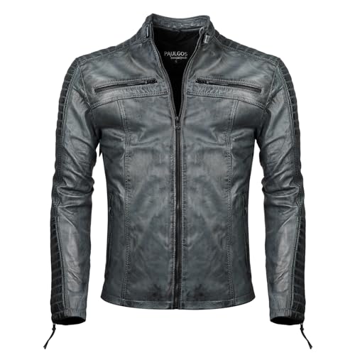 PAULGOS Herren Lederjacke Echtes Leder Jacke Echtleder Übergangsjacke Fashion in 5 Farben Gr. S-7XL Design 1 (as3, alpha, m, regular, regular, Grau) von PAULGOS
