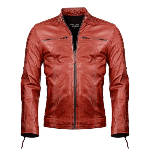 PAULGOS Herren Lederjacke Echtes Leder Jacke Echtleder Übergangsjacke Fashion in 5 Farben Gr. S-7XL Design 1 (as3, alpha, xx_l, regular, regular, Rot) von PAULGOS