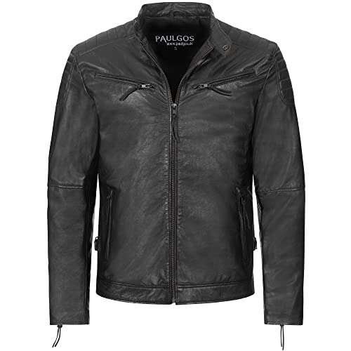 PAULGOS Herren Lederjacke Echtes Leder Jacke Echtleder Übergangsjacke Fashion in 5 Farben Gr. S-7XL Design 2 (DE/NL/SE/PL, Alphanumerisch, 4XL, Regular, Regular, Schwarz) von PAULGOS