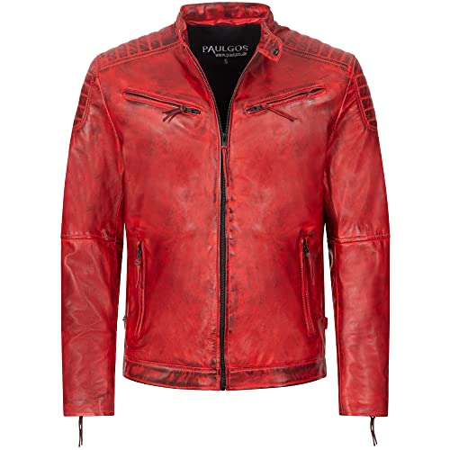 PAULGOS Herren Lederjacke Echtes Leder Jacke Echtleder Übergangsjacke Fashion in 5 Farben Gr. S-7XL Design 2 (DE/NL/SE/PL, Alphanumerisch, M, Regular, Regular, Rot) von PAULGOS