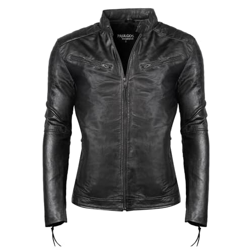PAULGOS Herren Lederjacke Echtes Leder Jacke Echtleder Übergangsjacke Fashion in 5 Farben Gr. S-7XL Design 2 (DE/NL/SE/PL, Alphanumerisch, 3XL, Regular, Regular, Schwarz) von PAULGOS