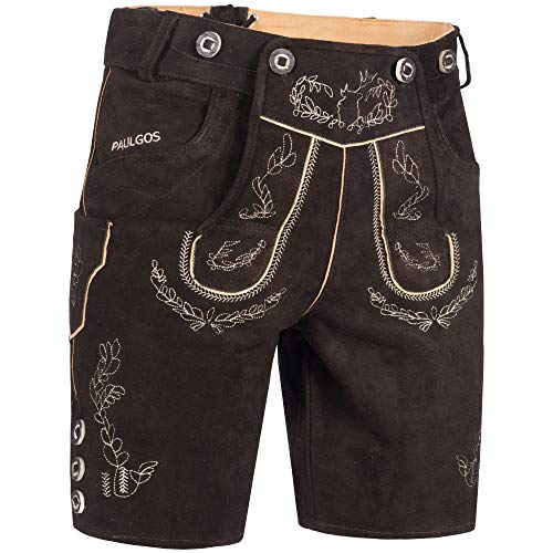 PAULGOS Herren Trachten Lederhose + Träger, Echtes Leder, Kurz in 2 Farben Gr. 44-60 HK11 (Dunkelbraun, 50) von PAULGOS