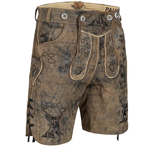 PAULGOS Herren Trachten Lederhose + Träger, Echtes Leder, Kurz in 3 Farben Gr. 44-60 HK4 Antik (Whiskybraun, 52) von PAULGOS