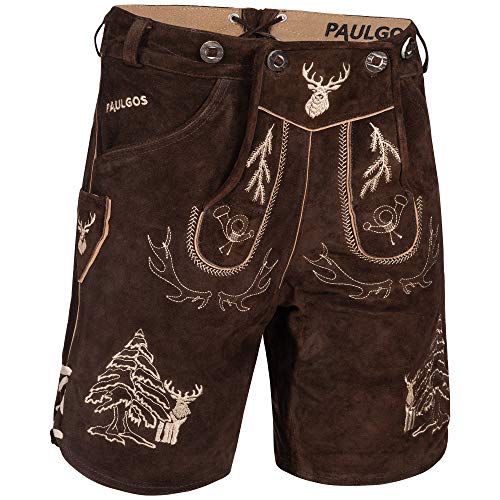 PAULGOS Herren Trachten Lederhose + Träger, Echtes Leder, Kurz in 2 Farben Gr. 44-60 HK5 (as3, Numeric, Numeric_54, Regular, Regular, Dunkelbraun) von PAULGOS