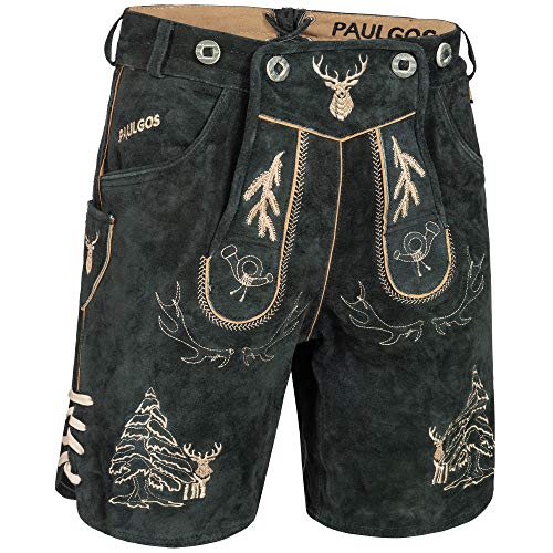 PAULGOS Herren Trachten Lederhose + Träger, Echtes Leder, Kurz in 2 Farben Gr. 44-60 HK5 (Grau, 44) von PAULGOS