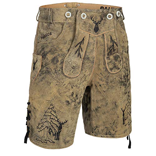 PAULGOS Herren Trachten Lederhose + Träger, Echtes Leder, Kurz in 3 Farben Gr. 44-60 HK5 Antik (Krokodilgrün, 56) von PAULGOS