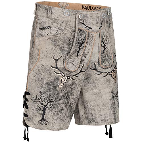 PAULGOS Herren Trachten Lederhose HK6 Antik + Träger, Echtes Leder, Größe 50, Mitternachtsgrau von PAULGOS