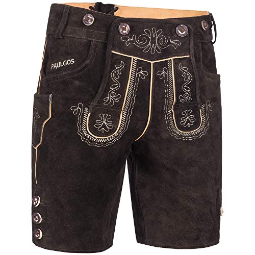 PAULGOS Herren Trachten Lederhose + Träger, Echtes Leder, Kurz in 3 Farben Gr. 44-60 HK2 (48, Dunkelbraun) von PAULGOS