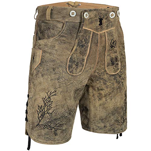 PAULGOS Herren Trachten Lederhose + Träger, Echtes Leder, Kurz in 3 Farben Gr. 44-60 HK3 Antik (Krokodilgrün, 46) von PAULGOS