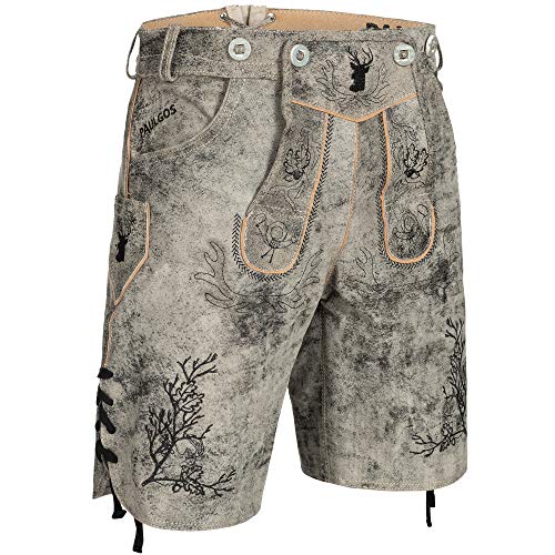 PAULGOS Herren Trachten Lederhose HK3-ANTIK + Träger, Echtes Leder, Größe 48, Mitternachtsgrau von PAULGOS