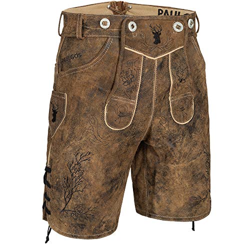 PAULGOS Herren Trachten Lederhose + Träger, Echtes Leder, Kurz in 3 Farben Gr. 44-60 HK3 Antik (Whiskybraun, 44) von PAULGOS