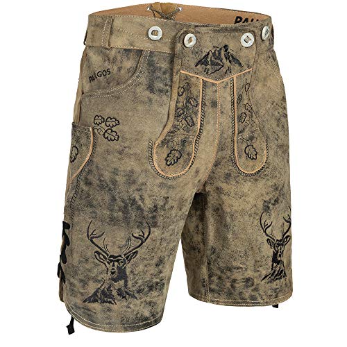 PAULGOS Herren Trachten Lederhose + Träger, Echtes Leder, Kurz in 3 Farben Gr. 44-60 HK4 Antik (Krokodilgrün, 46) von PAULGOS