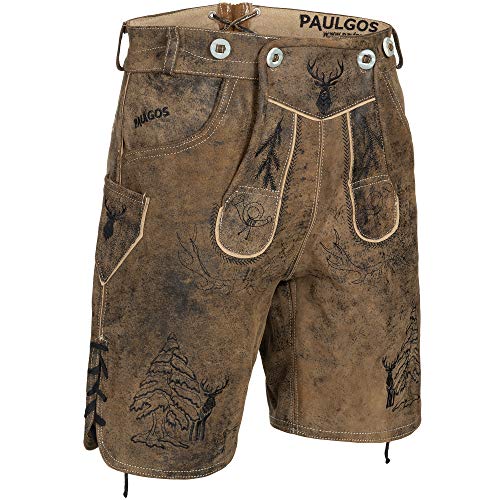 PAULGOS Herren Trachten Lederhose + Träger, Echtes Leder, Kurz in 3 Farben Gr. 44-60 HK5 Antik (Whiskybraun, 44) von PAULGOS