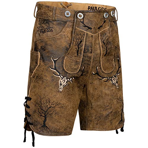 PAULGOS Herren Trachten Lederhose + Träger, Echtes Leder, Kurz in 3 Farben Gr. 44-60 HK6 Antik (Whiskybraun, 44) von PAULGOS