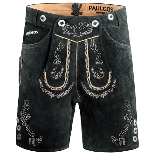 PAULGOS Herren Trachten Lederhose HK1 + Träger, Echtes Leder, Größe 54, grau von PAULGOS