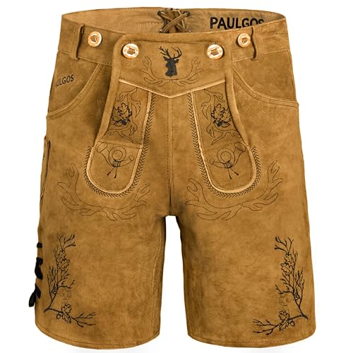 PAULGOS Herren Trachten Lederhose HK3 + Träger, Echtes Leder, Größe 58, Hellbraun von PAULGOS