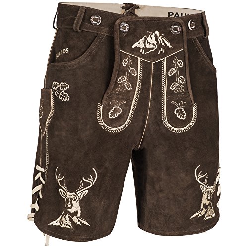 PAULGOS Herren Trachten Lederhose HK4 + Träger, Echtes Leder, Größe 48, Dunkelbraun von PAULGOS