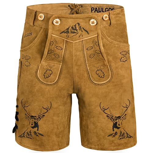 PAULGOS Herren Trachten Lederhose HK4 + Träger, Echtes Leder, Größe 54, Hellbraun von PAULGOS