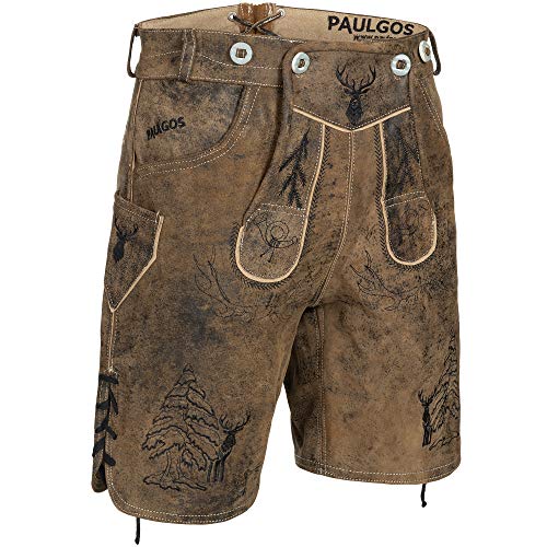 PAULGOS Herren Trachten Lederhose HK5-ANTIK + Träger, Echtes Leder, Größe 56, Whiskybraun von PAULGOS