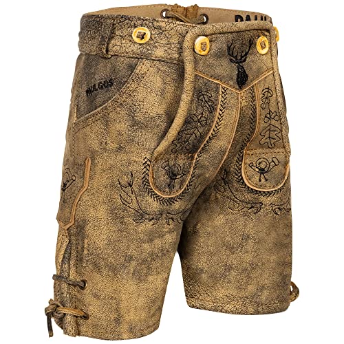 PAULGOS Kinder Trachten Lederhose + Träger, Echtes Leder, Kurz KK2 - Echtes Leder - in 2 Farben erhältlich -Größe 86-164 (104, Sandbraun) von PAULGOS