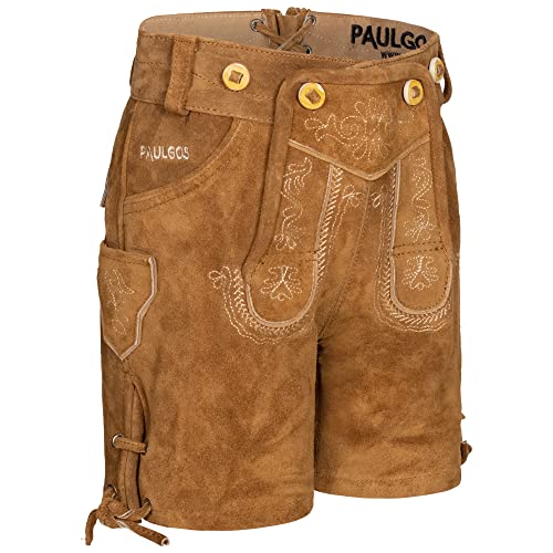 PAULGOS Kinder Trachten Lederhose + Träger, Echtes Leder, Kurz in 2 Farben Gr. 86-164, Farbe:Hellbraun, Kindergröße:110 von PAULGOS