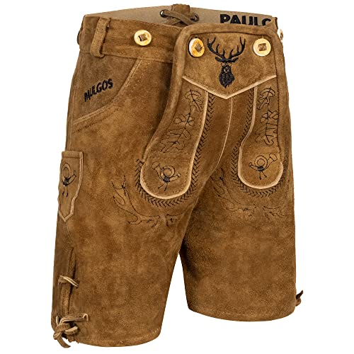 PAULGOS Kinder Trachten Lederhose KK2 + Träger, Echtes Leder, Gr. 158-164, Hellbraun von PAULGOS
