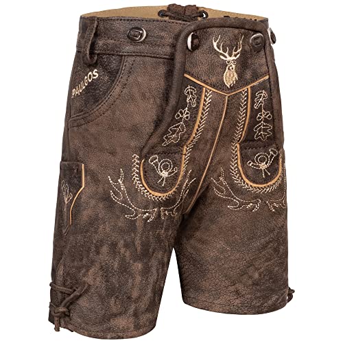 PAULGOS Kinder Trachten Lederhose KK2-ANTIK + Träger, Echtes Leder, Gr. 122-128, Schokobraun von PAULGOS